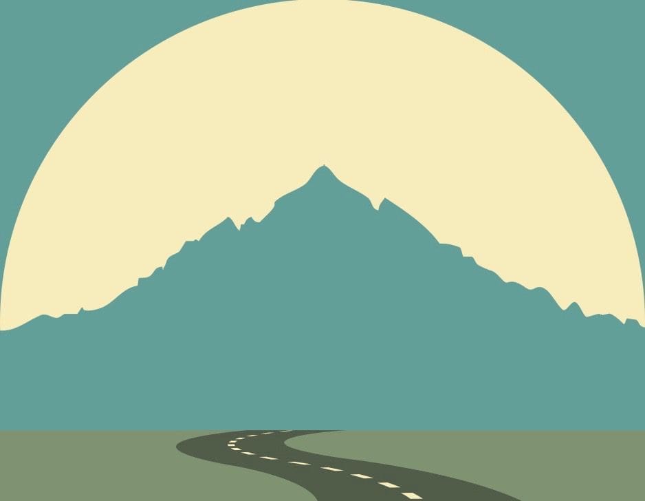 Flat illustration of a winding two-lane road leading toward a teal mountain silhouetted against a large pale sun.